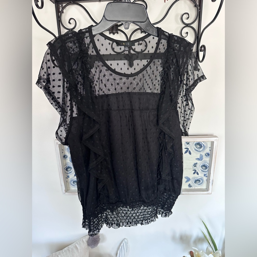 NWT Iris Black Polka Dot Sheer Blouse